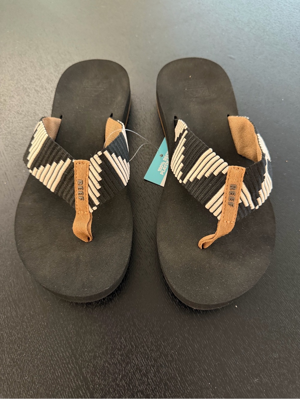 Reef Kids Black Flip Flops with Tan & Cream Woven Straps